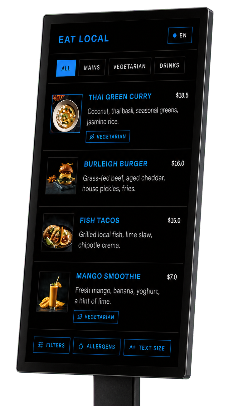 HiView storefront touchscreen menu displaying a restaurant menu with food images and prices
